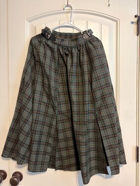 Green Plaid A-Line Skirt with Buckle Waist